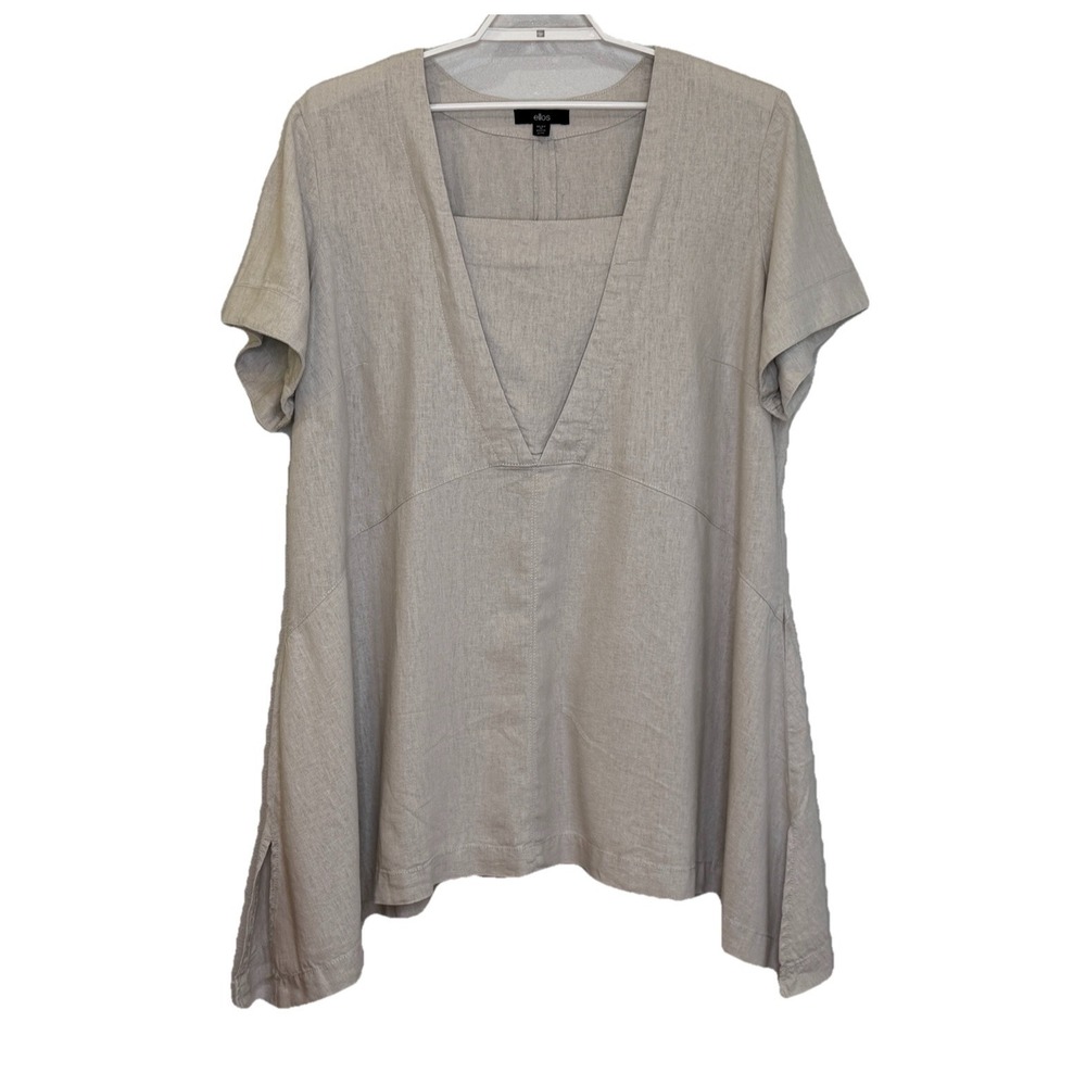 Ellos Tunic Top Womens Sz 1X (22-24) Oatmeal Short Sleeve Linen Rayon Lagenlook